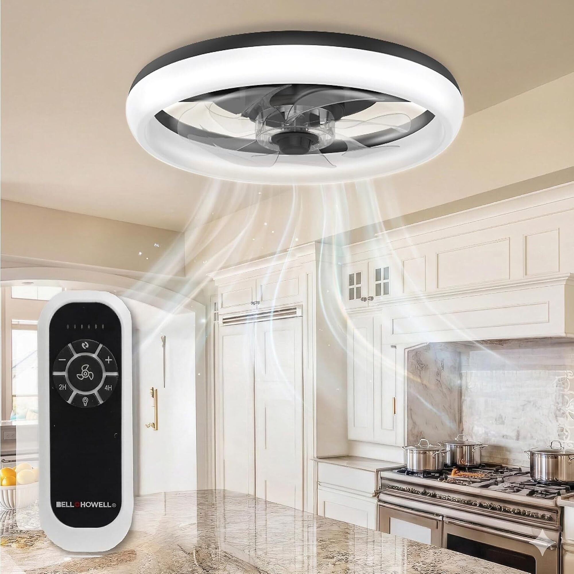 Bell + Howell CannonX 14 in. Low Profile Fandelier Ceiling Fan with Light and Remote, 6 Speeds, 3 CCT 3500K-5500K, Black, 6410
